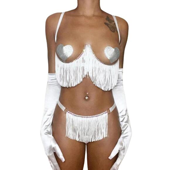 PRE-ORDER-Made To Order White Rhinestone 2 Piece Set Lingerie (Small) NWT - Picture 1 of 2